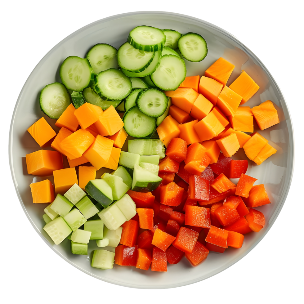 Fresh vegetable salad with cucumbers, carrots, and peppers isolated on transparent background png