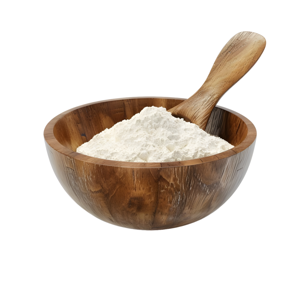Wooden bowl of flour with scoop isolated on transparent background png