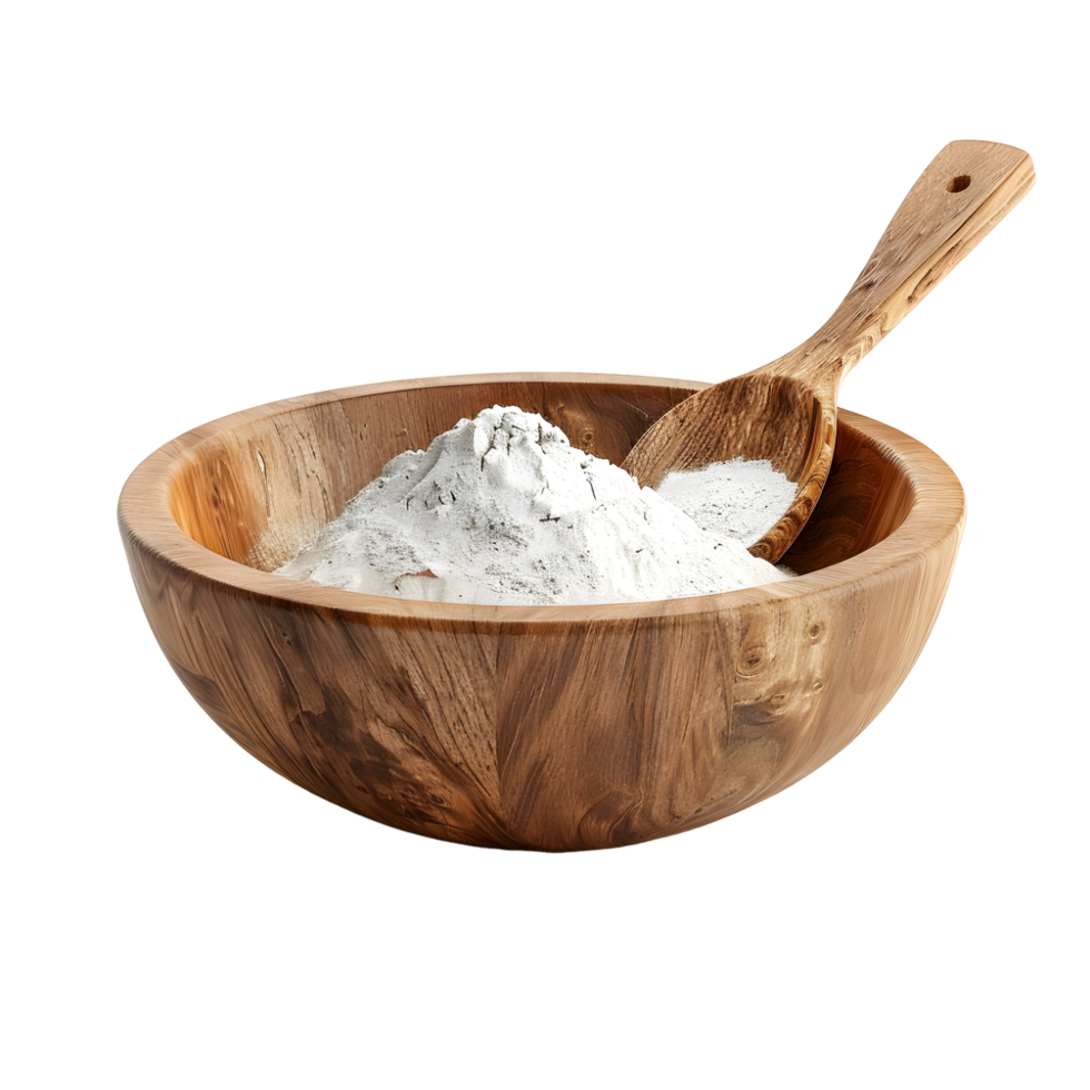 White Powder in Wooden Bowl with Wooden Spoon isolated on transparent background png
