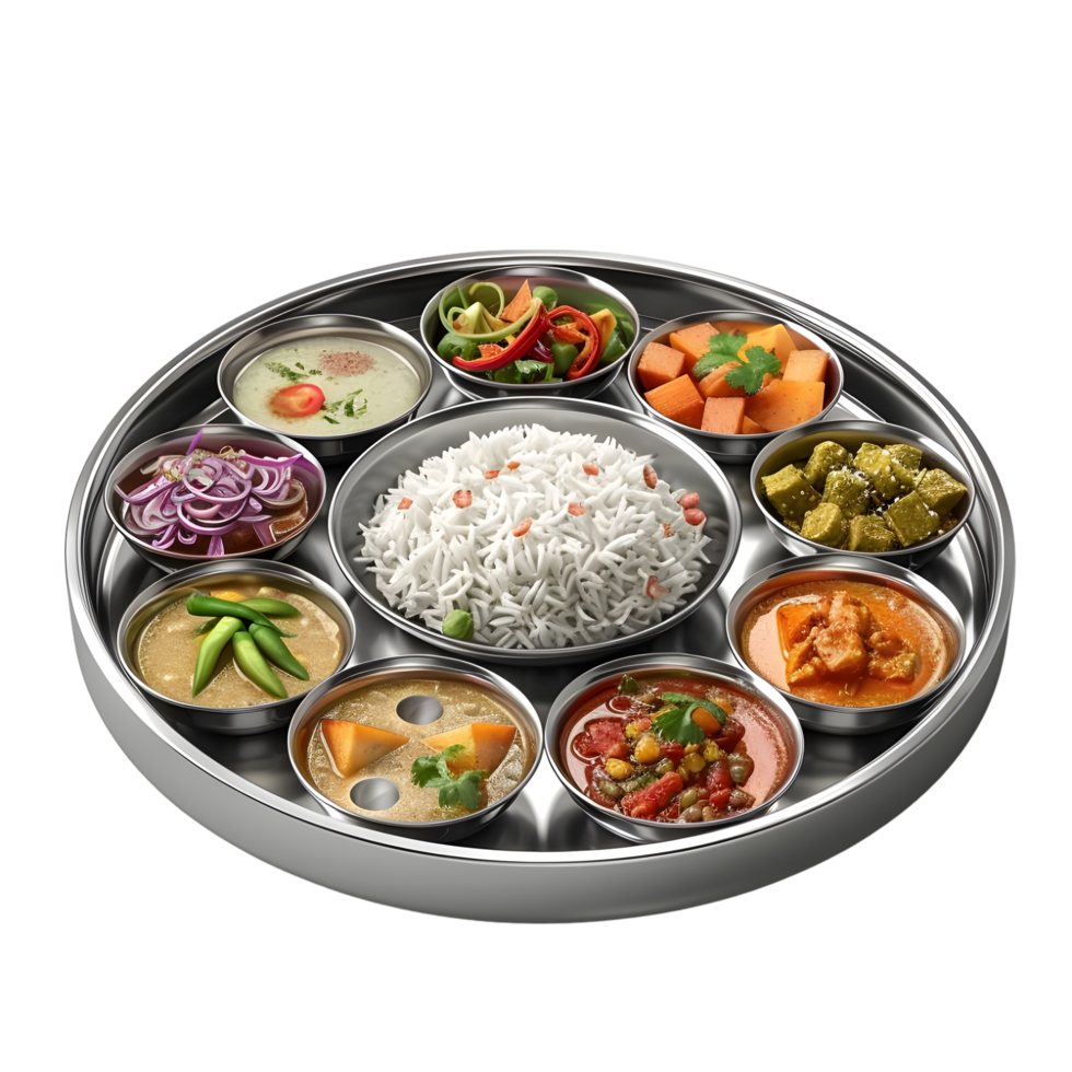 Traditional Indian thali with assorted dishes isolated on transparent background png