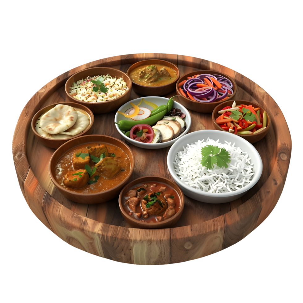 Indian thali meal with multiple dishes isolated on transparent background png