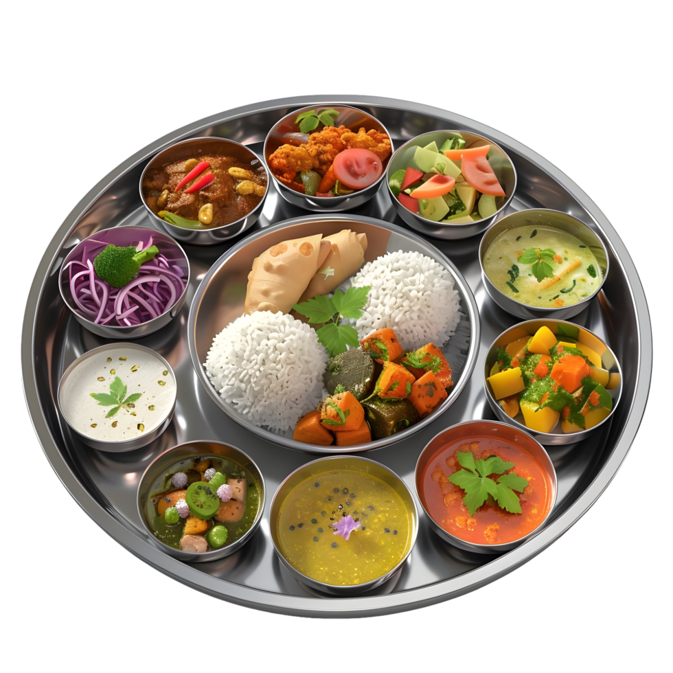 Traditional Indian thali meal with multiple dishes isolated on transparent background png