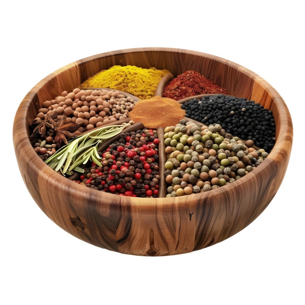 Assorted spices in a wooden bowl isolated on transparent background png