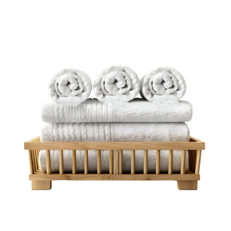 Rolled towels in a wooden rack isolated on transparent background png