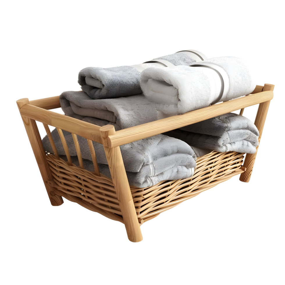 Wooden Basket With Towels isolated on transparent background png
