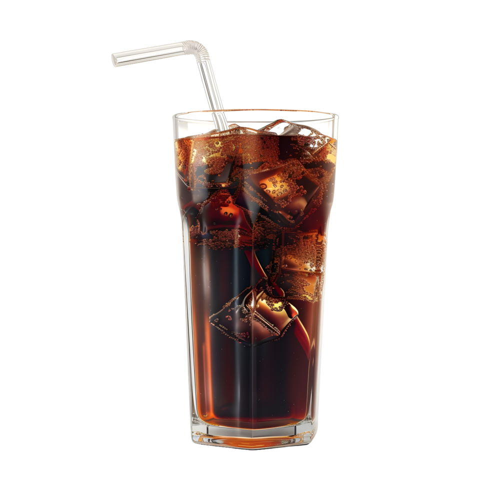 Refreshing glass of brown flavored cold drink with ice cubes and a white straw isolated on transparent background png