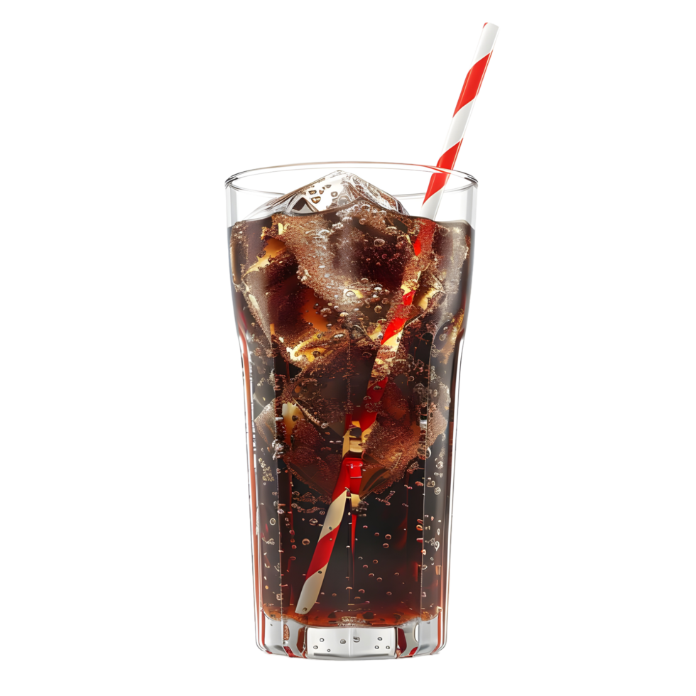 Refreshing glass of brown flavored cold drink with ice cubes and a red white striped straw isolated on transparent background png