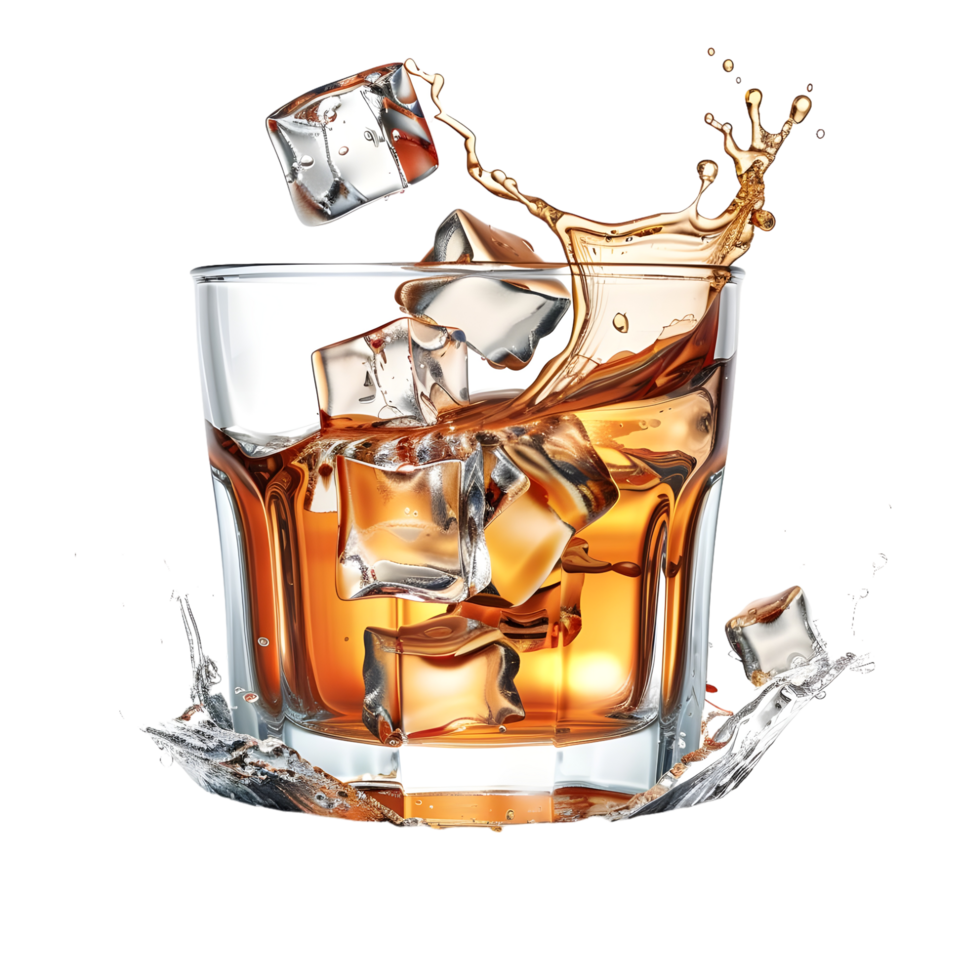 Whiskey glass with splash effect isolated on transparent background png