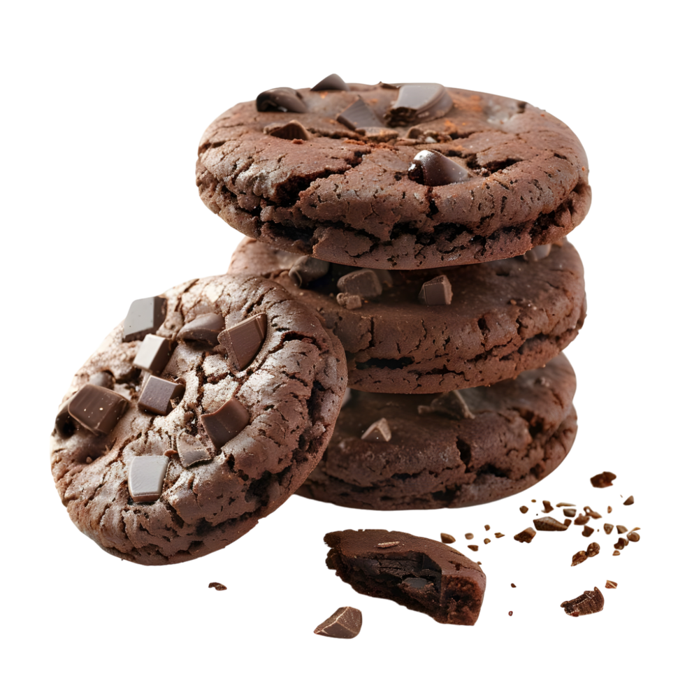 Chocolate chip cookies stacked with crumbs isolated on transparent background png
