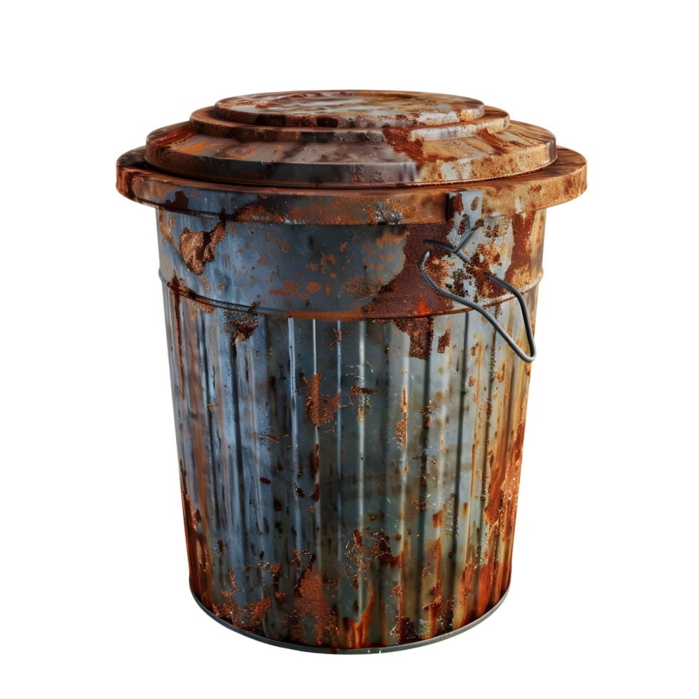 old Rusty metal trash can isolated on transparent background png