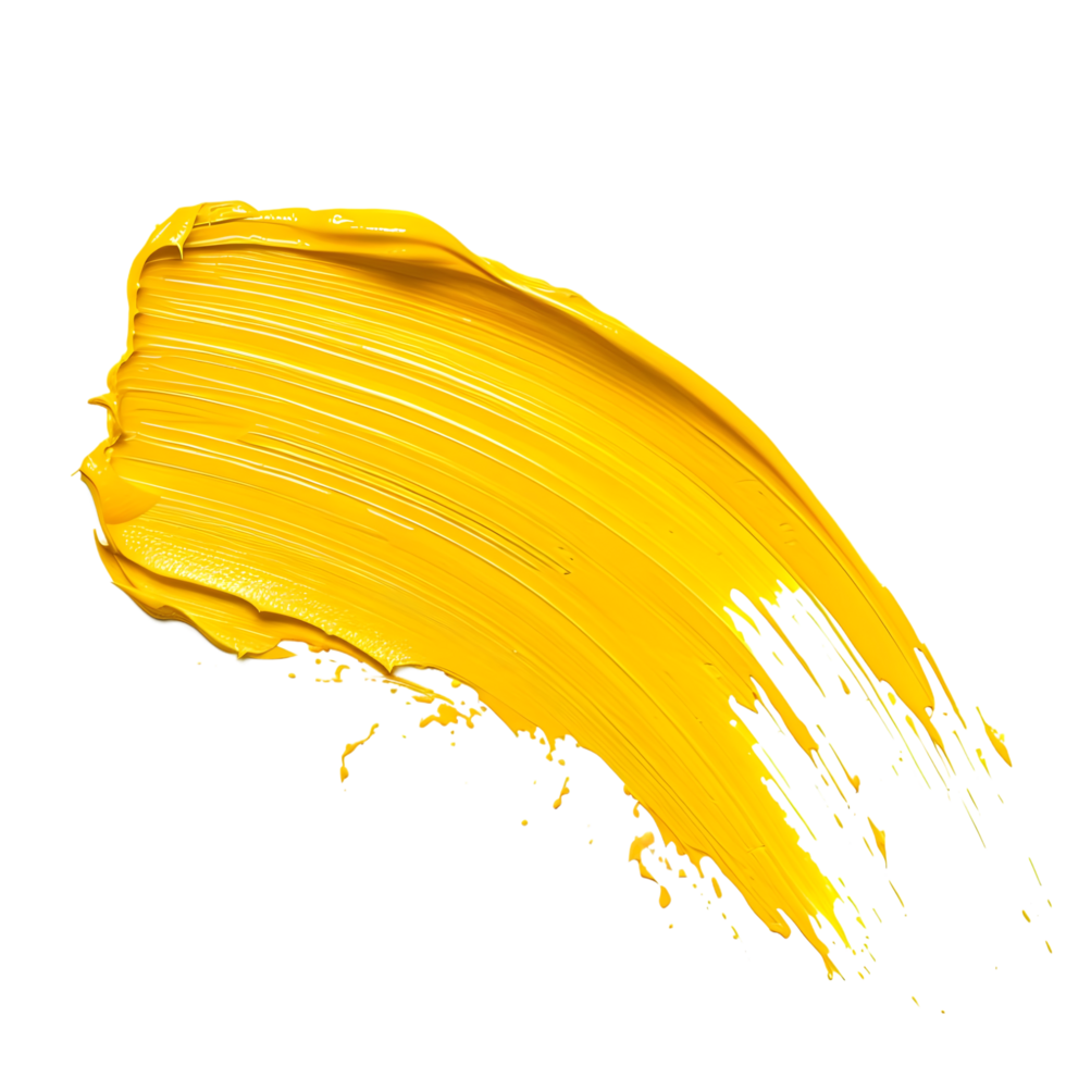 Thick vibrant yellow paint brush stroke with sharp edges isolated on transparent background png