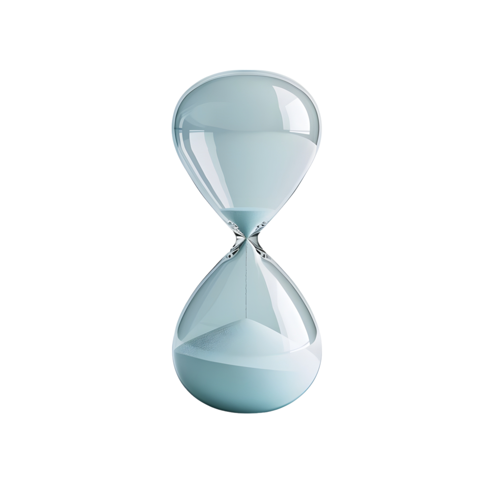 Elegant blue glass hourglass with smooth curves and flowing sand isolated on transparent background png