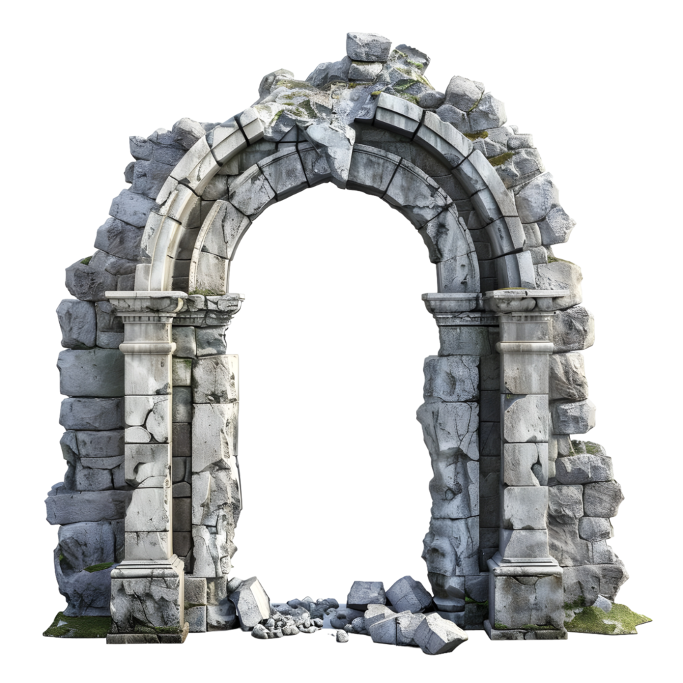 Ancient weathered stone archway with moss details isolated on transparent background png