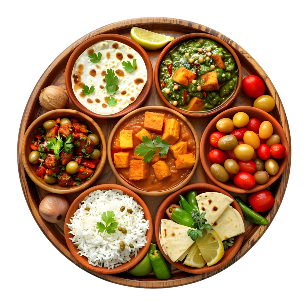 Traditional Indian thali meal with various dishes isolated on transparent background png