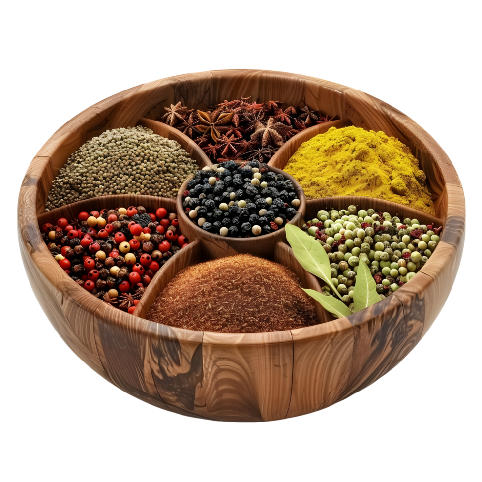 Rustic wooden bowl filled with colorful aromatic spices isolated on transparent background png