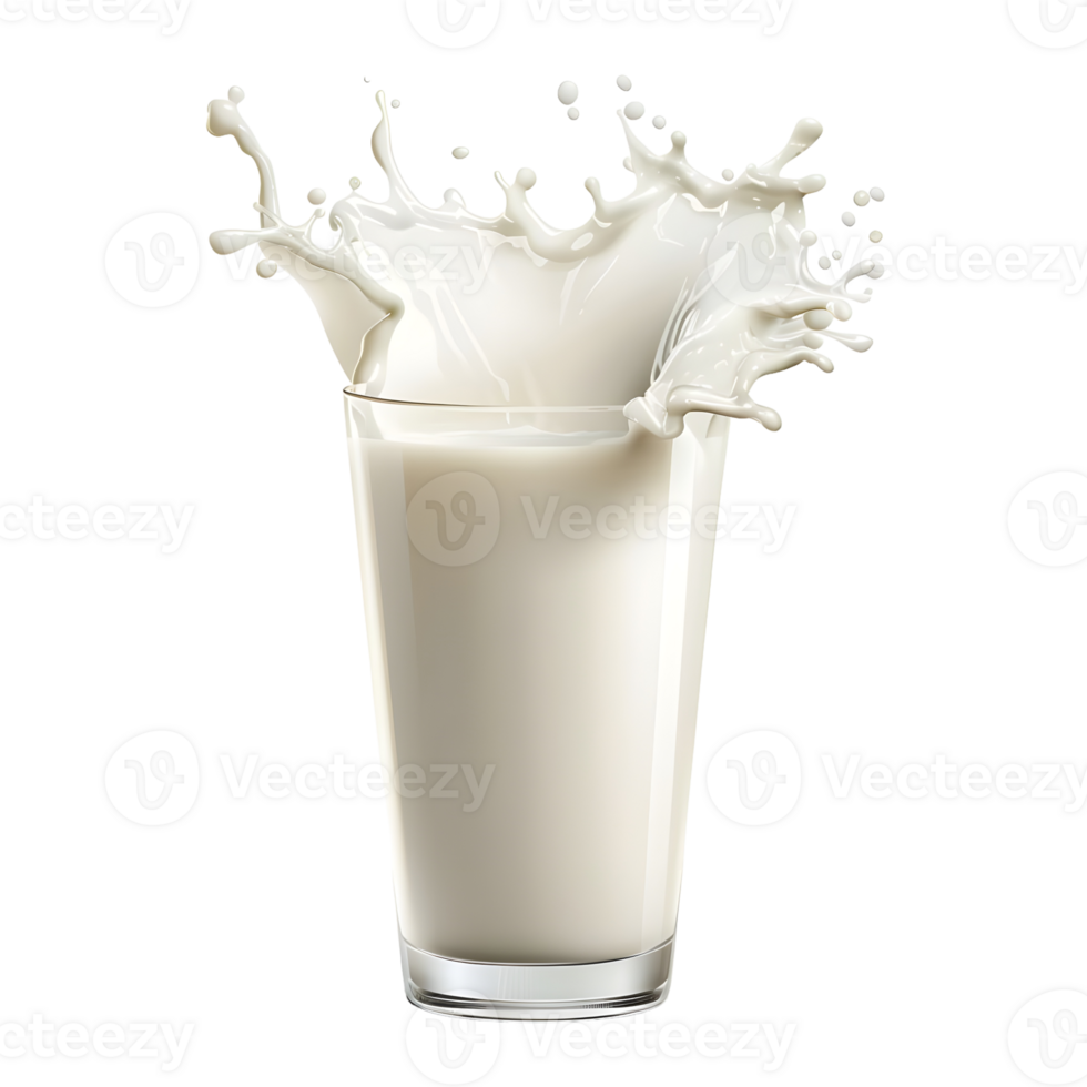 Tall transparent glass of milk with dynamic splash effect isolated on transparent background png