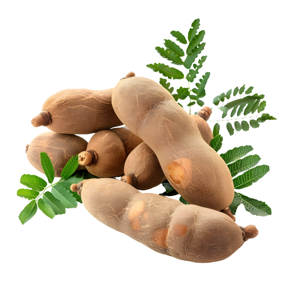 Dried tamarind pods with fresh green leaves isolated on transparent background png