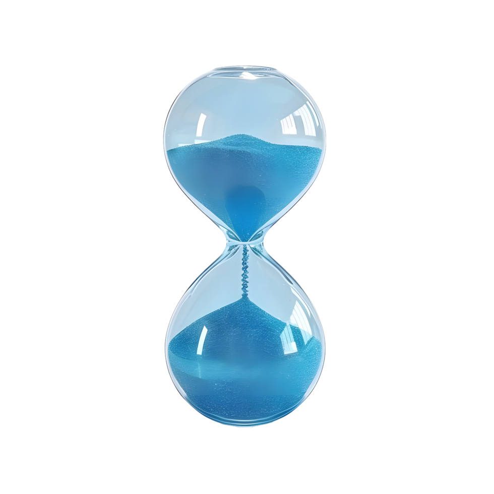 Classic blue hourglass with detailed reflections and steady sand flow isolated on transparent background png