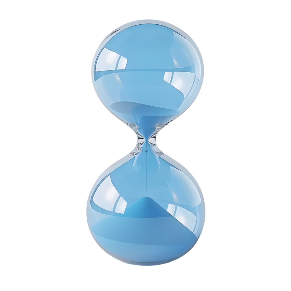 Elegant blue hourglass with smooth glass curves and flowing white sand isolated on transparent background png