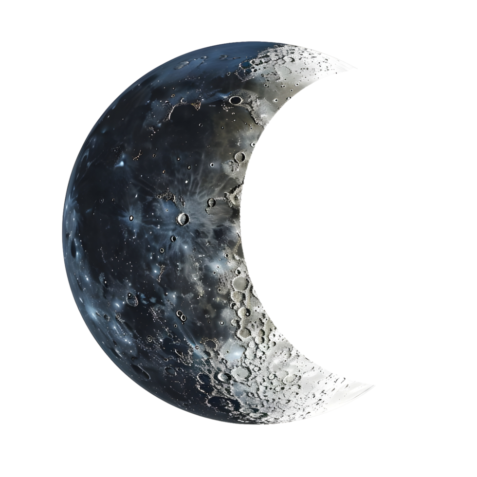 Dark celestial crescent moon with cosmic texture and starry details isolated on transparent background png