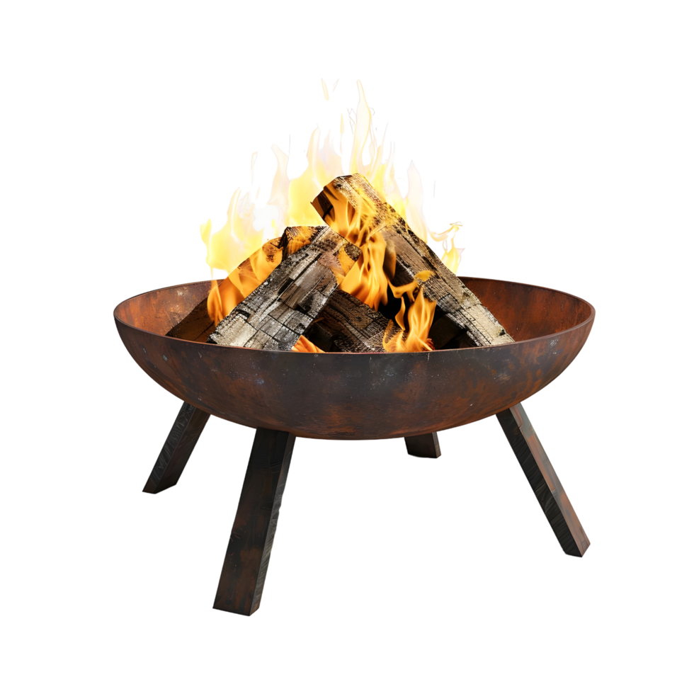 Modern outdoor fire pit with realistic flames and embers glowing isolated on transparent background png