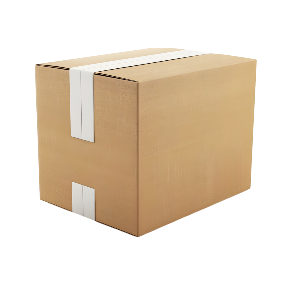 Closed brown cardboard box with folded flaps and visible creases isolated on transparent background png