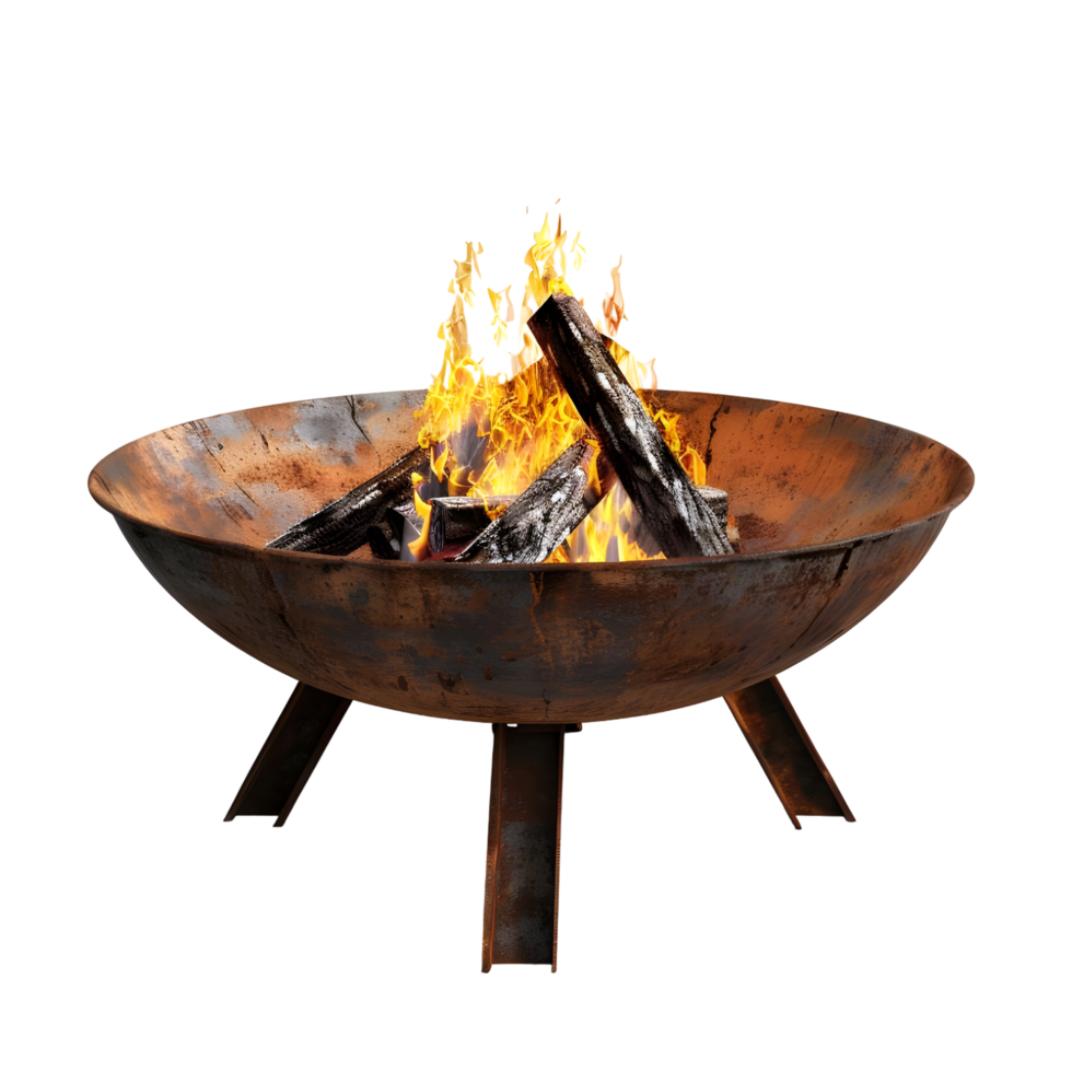 Modern black fire pit with flames and embers glowing isolated on transparent background png