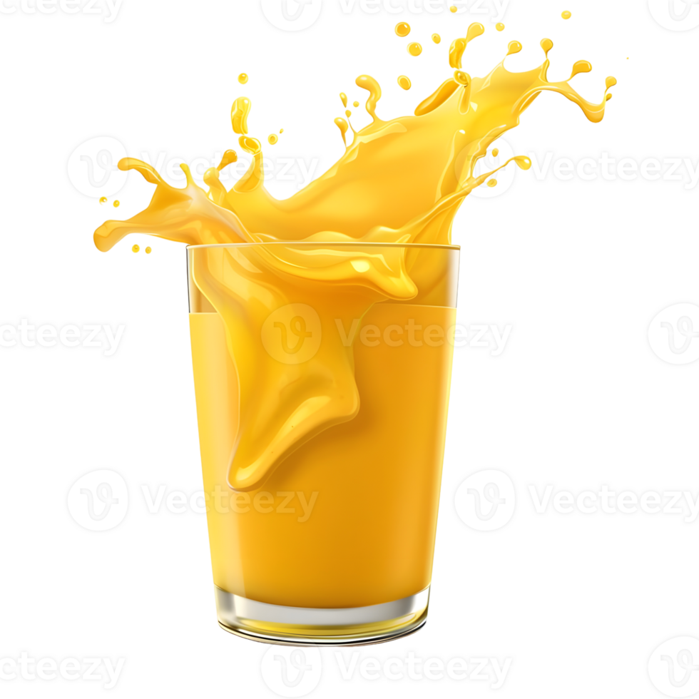 Bright yellow orange juice splashing dynamically in a tall glass isolated on transparent background png