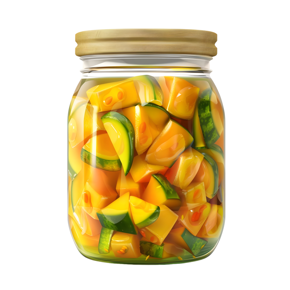 Glass jar filled with fresh diced mango and syrup isolated on transparent background png