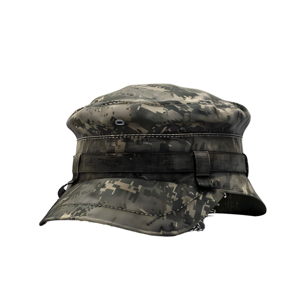 Camouflage military cap with detailed fabric pattern and stitched edges isolated on transparent background png
