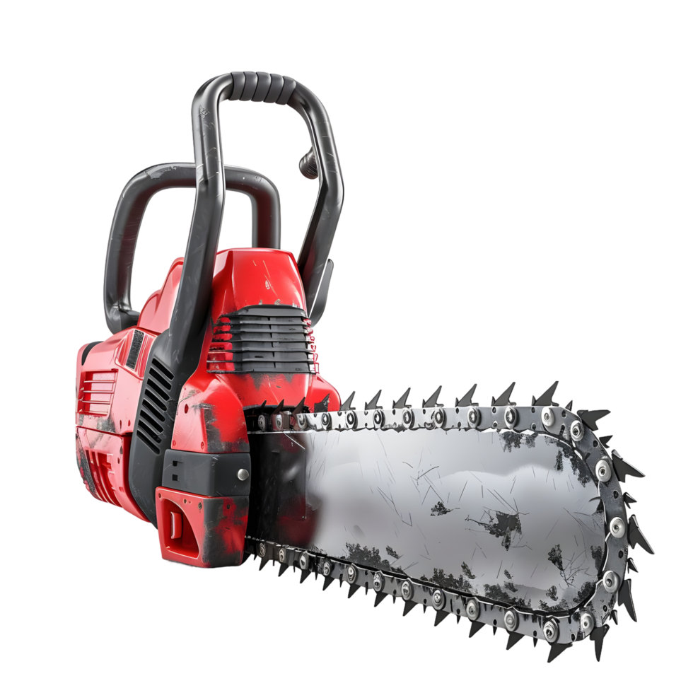 Powerful red chainsaw with sharp teeth isolated on transparent background png