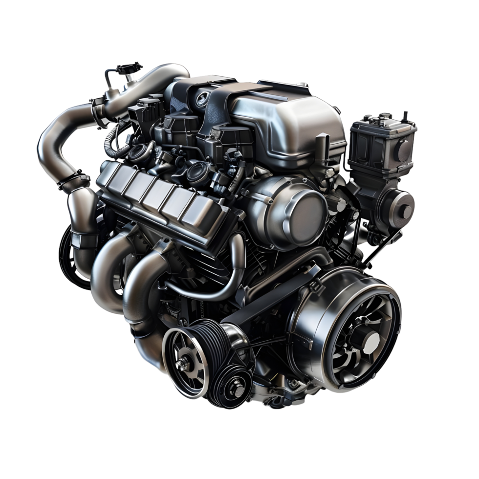 Powerful black automobile engine with complex mechanical components isolated on transparent background png