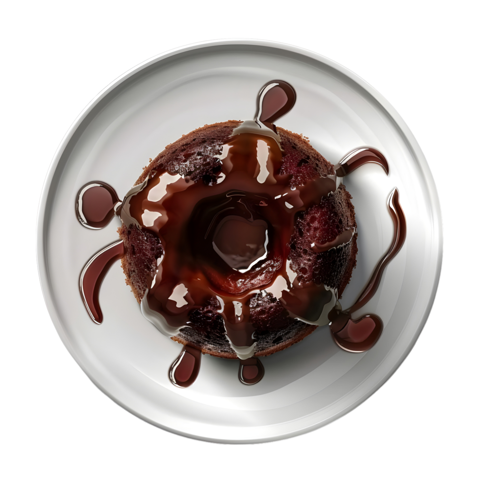 Chocolate Lava Cake Drizzled with Chocolate Sauce on a White Plate isolated on transparent background png