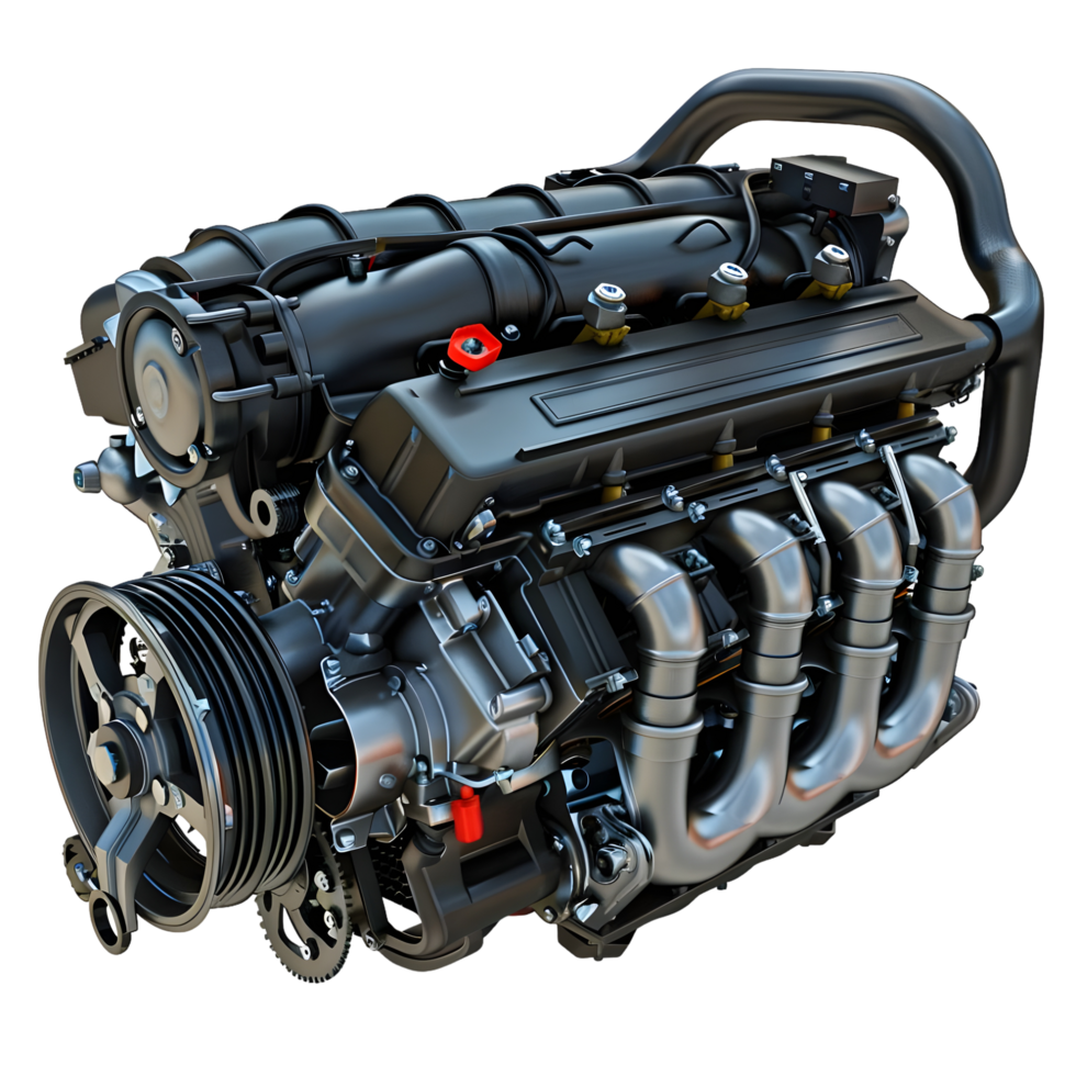 High-performance car engine with detailed metallic components isolated on transparent background png