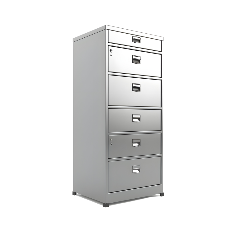 Tall metal filing cabinet with multiple drawers and secure handles isolated on transparent background png