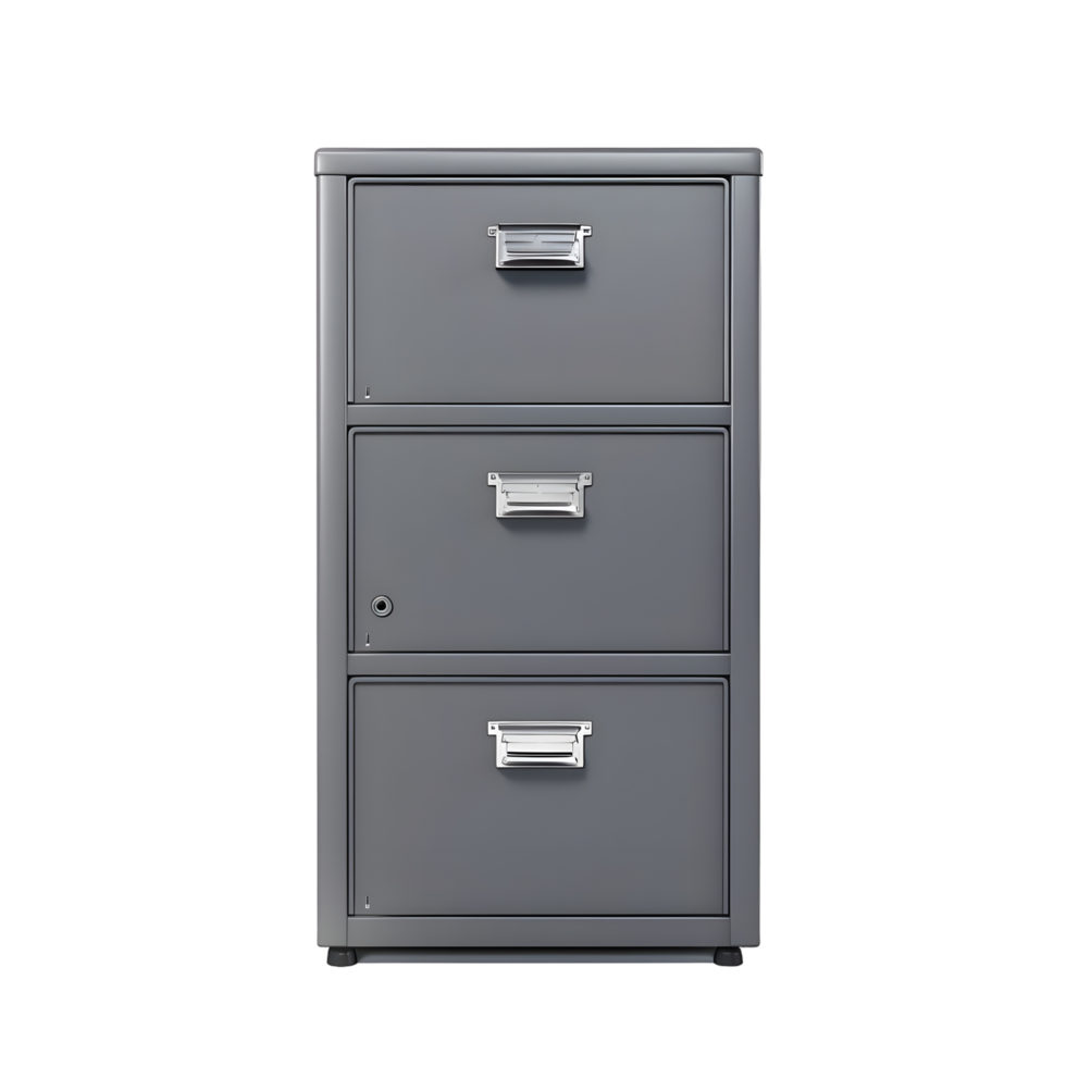Metallic gray three-drawer filing cabinet with a sleek industrial design isolated on transparent background png