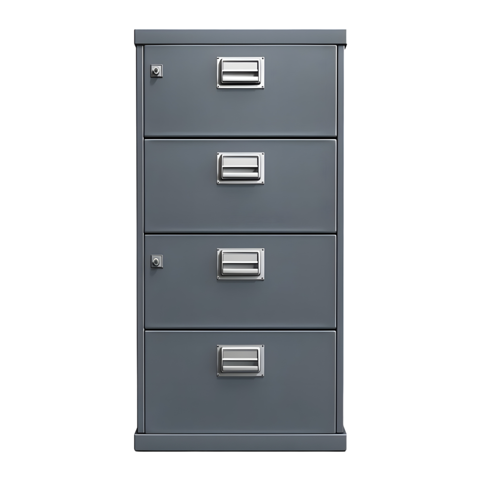 Four Drawer Grey Metal Filing Cabinet isolated on transparent background png