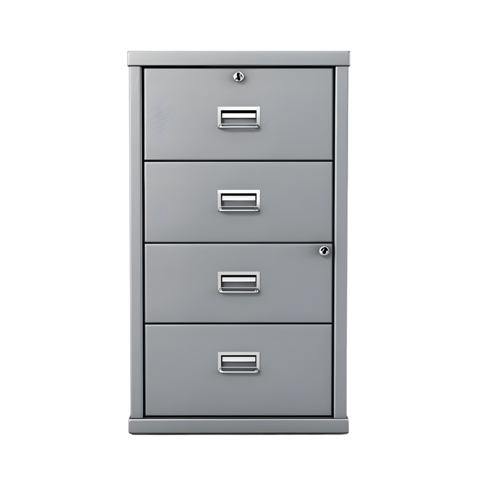Modern office filing cabinet with three spacious drawers and a matte finish isolated on transparent background png