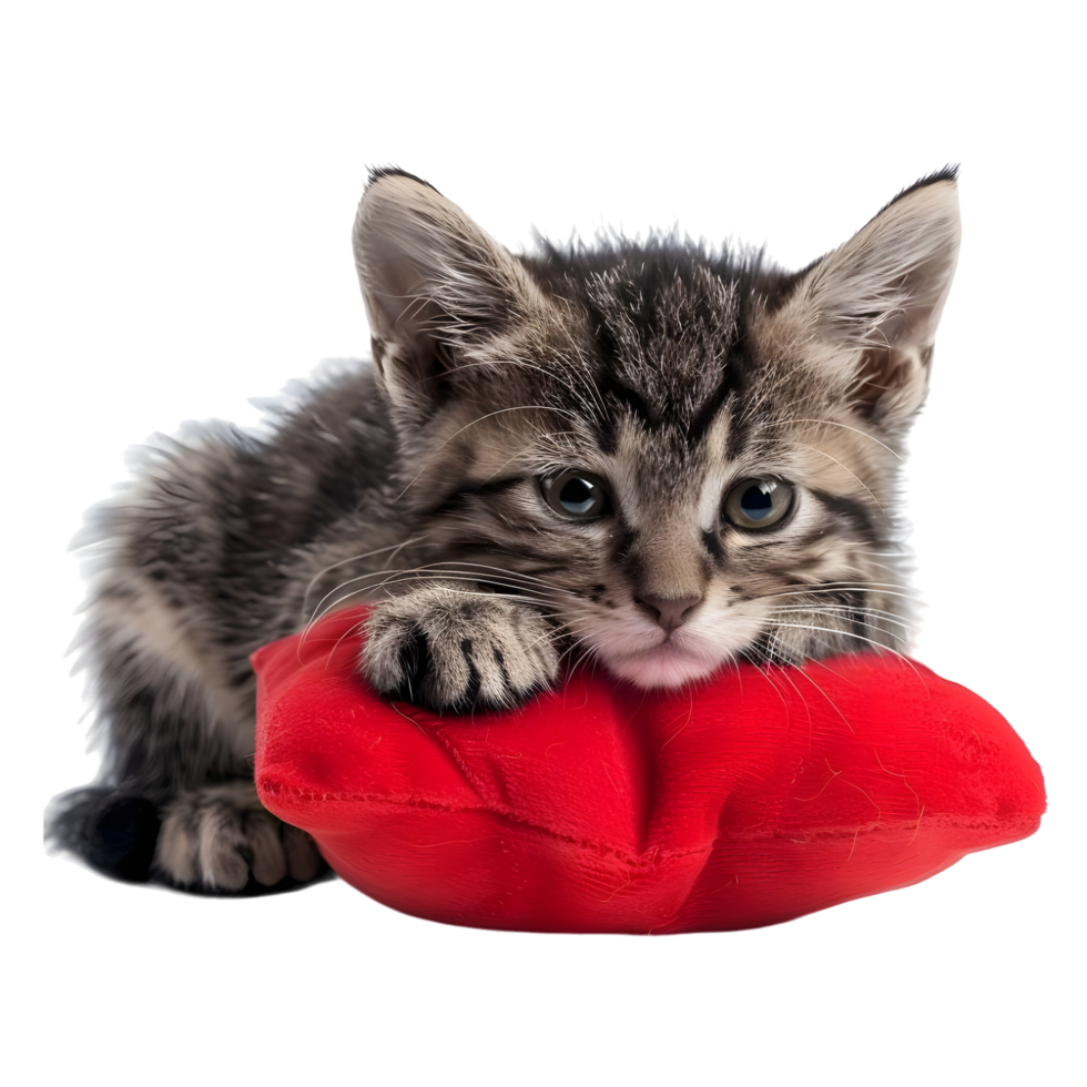 Tiny gray kitten resting on a soft red heart cushion isolated on transparent background png