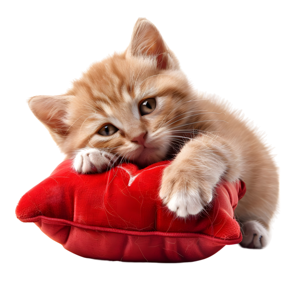 Cute ginger kitten holding a red heart pillow with tiny paws isolated on transparent background png