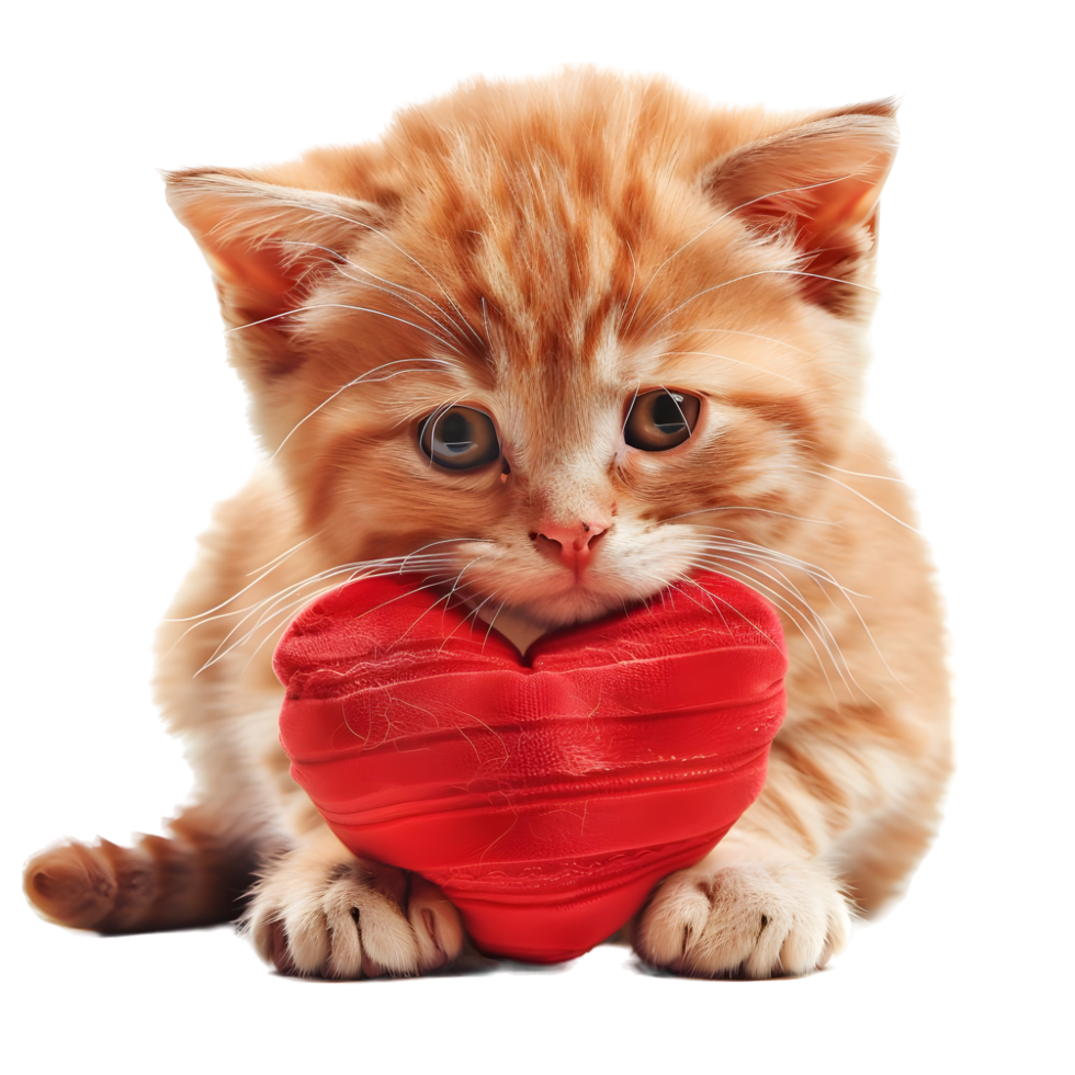 Sweet ginger kitten cuddling a plush red heart pillow isolated on transparent background png