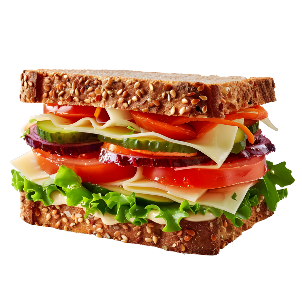 Double-layered sandwich with whole-grain bread, lettuce, tomato, and ham isolated on transparent background png