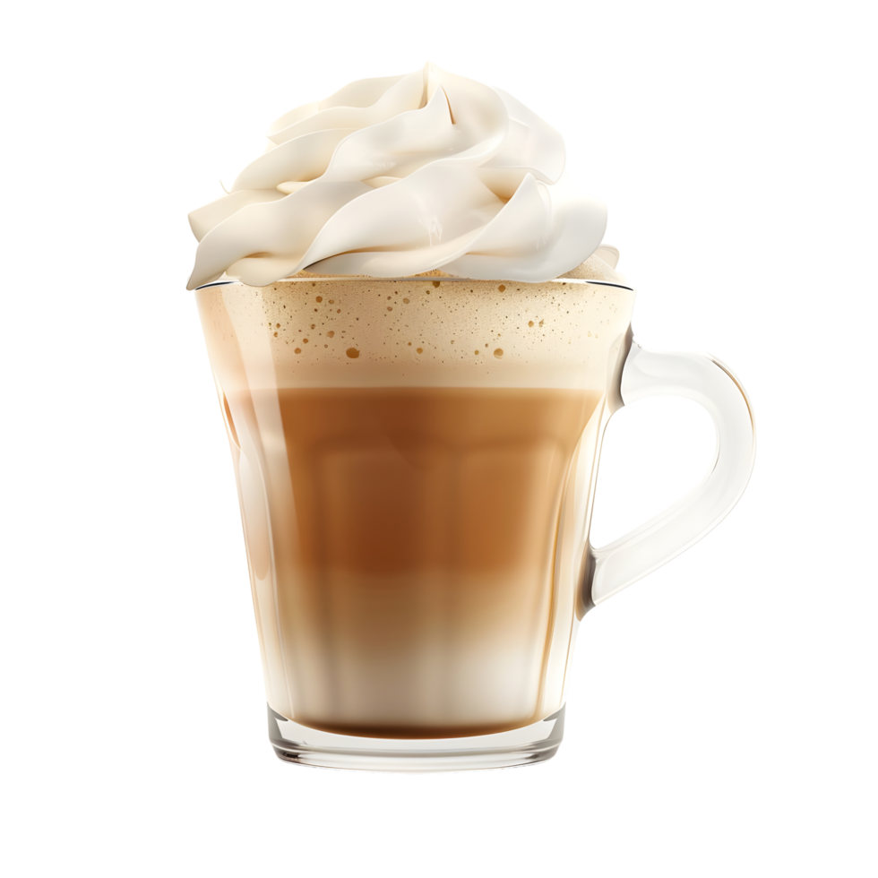 Creamy cappuccino in a glass cup with frothy milk foam and layered texture isolated on transparent background png