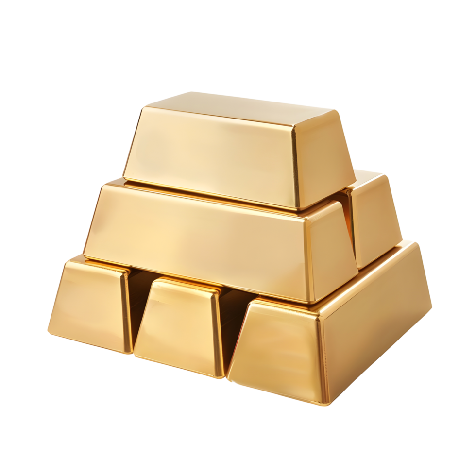 Stack of shiny gold bars with reflective surfaces arranged in a pyramid isolated on transparent background png