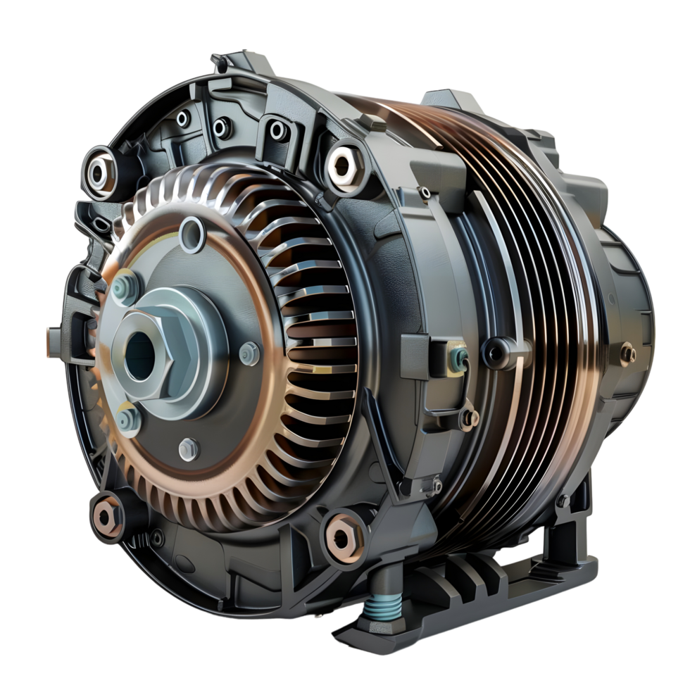 Industrial mechanical engine with complex interconnected parts and metallic shine isolated on transparent background png