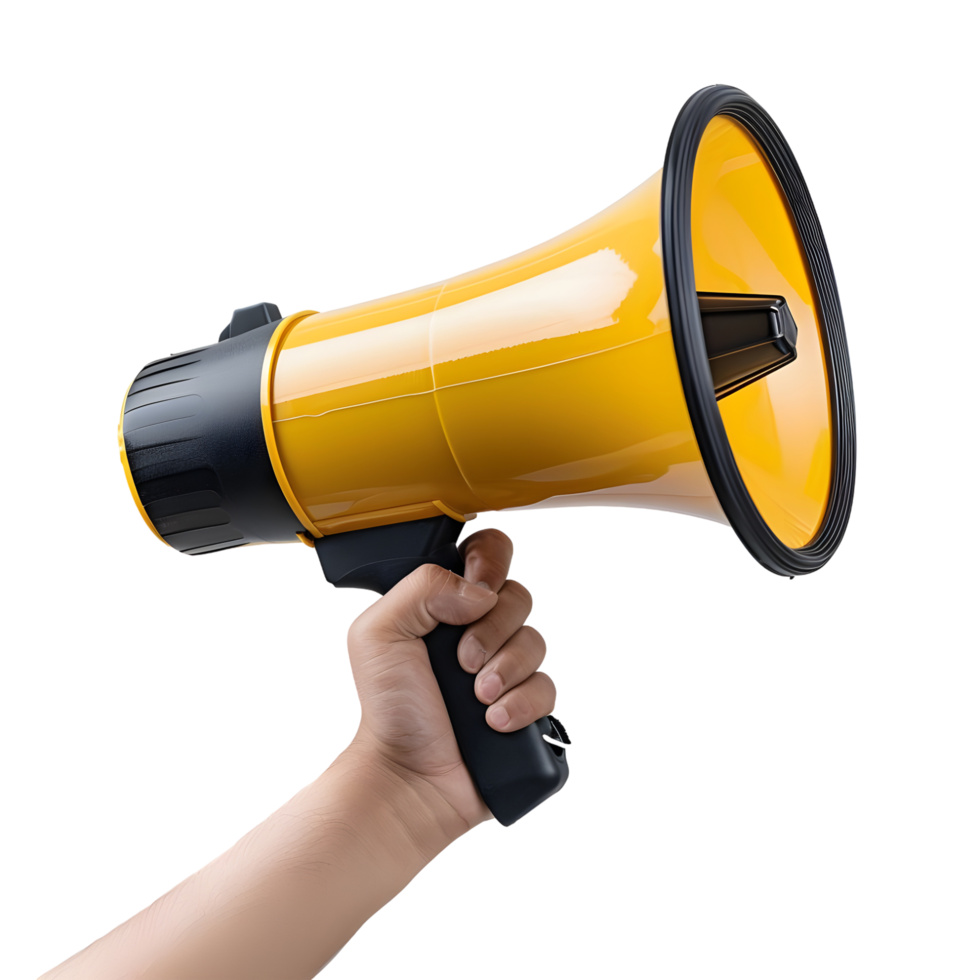 Hand holding a bright yellow megaphone with black grip and speaker isolated on transparent background png