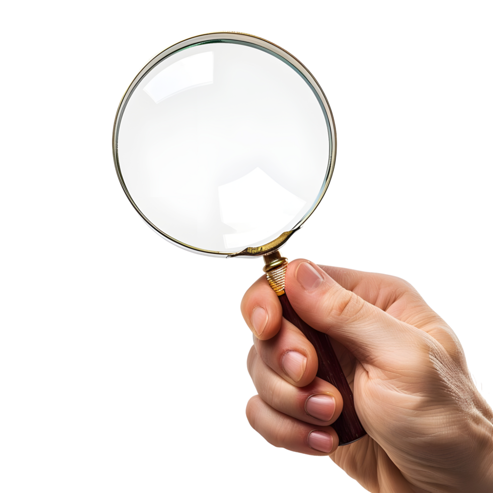Close-up of hand holding a magnifying glass with transparent lens isolated on transparent background png