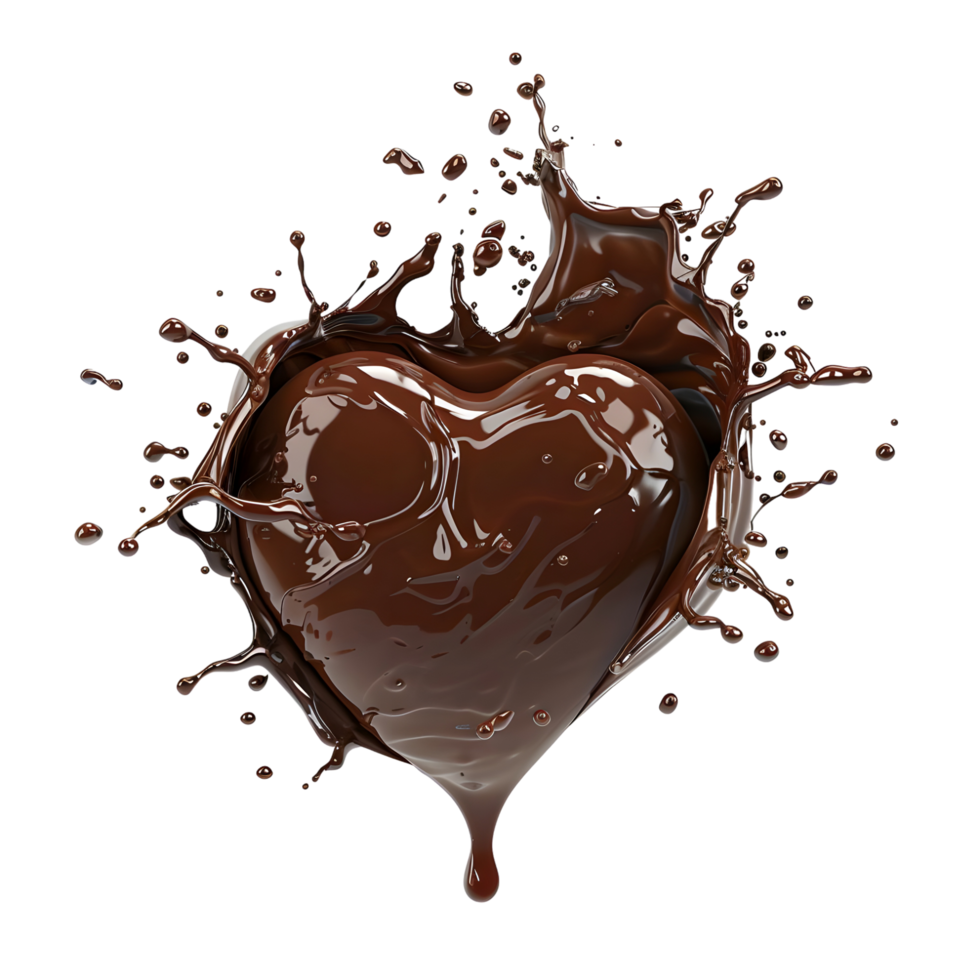 Dynamic chocolate splash in the shape of a heart with rich cocoa tones isolated on transparent background png