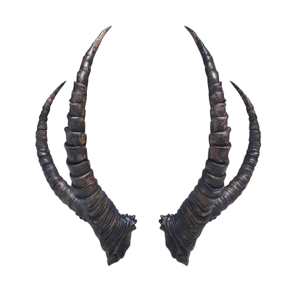 Large symmetrical bull horns with a dark finish and detailed texture isolated on transparent background png