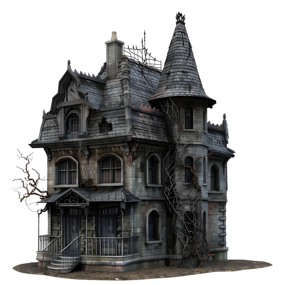 Spooky old haunted house with dark, twisted trees and an eerie atmosphere isolated on transparent background png